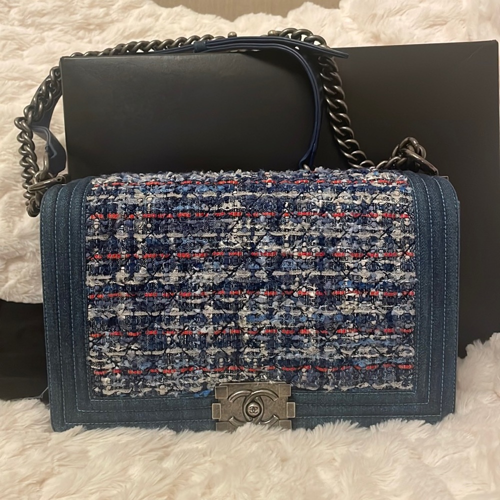 Chanel Quilted Tweed Denim Le Boy Medium Flap Bag Gem